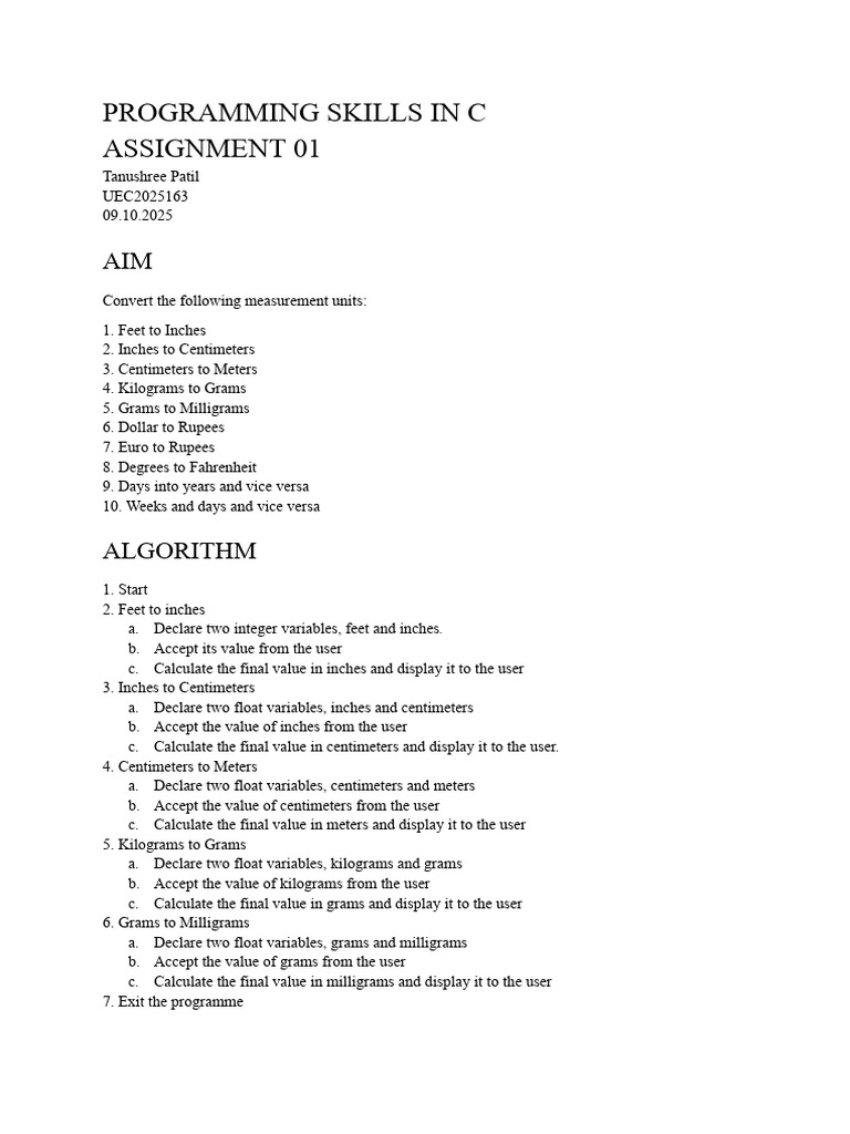 CS Assignment 01 UEC2025163 | PDF | Fahrenheit | Computer Programming