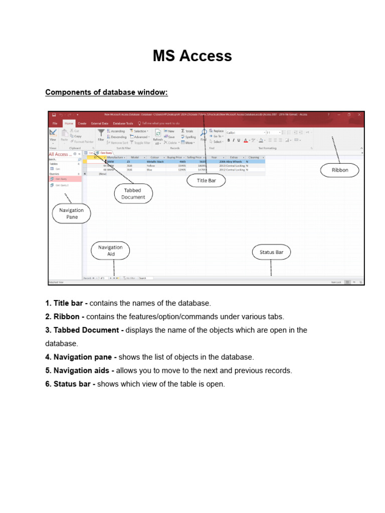 MS Access Database Components Guide | PDF | Table (Database) | Databases