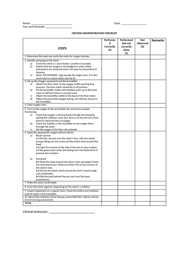 Oxygen Administration Checklist | PDF