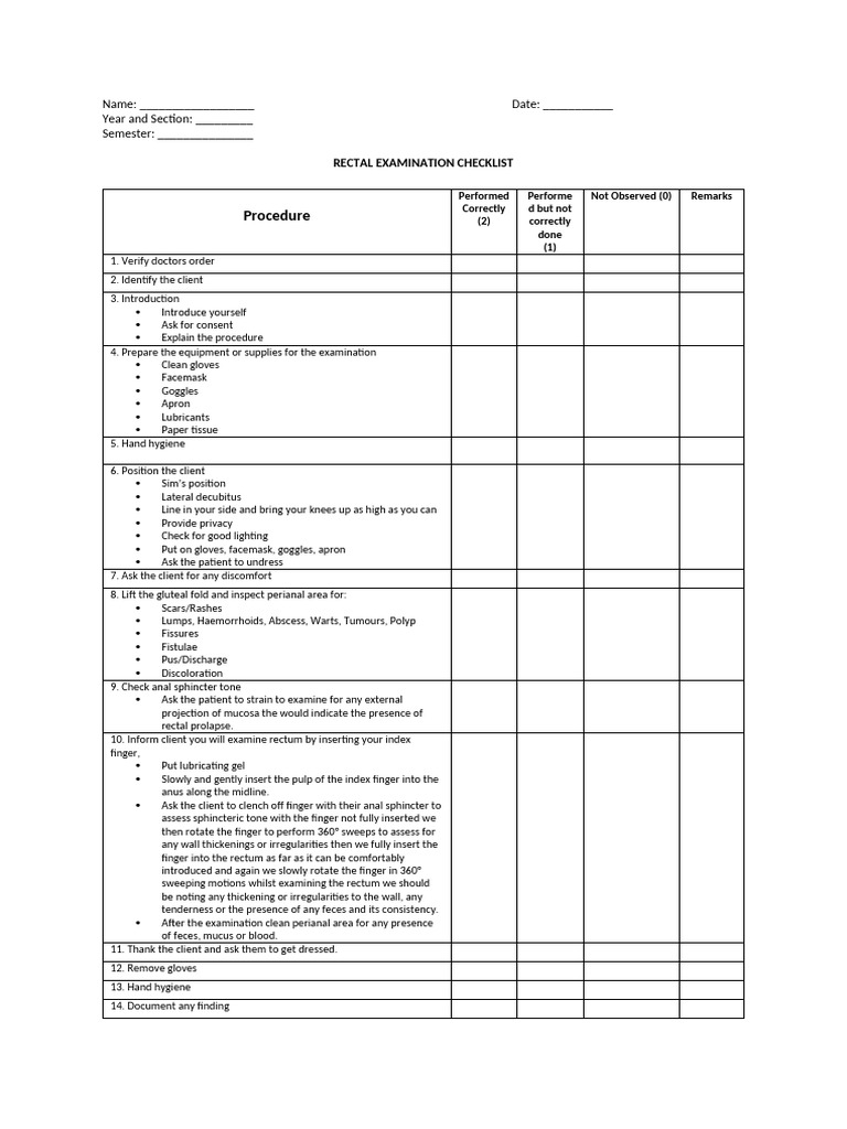 Rectal Examination Checklist | PDF | Rectum | Medical Specialties