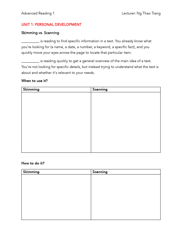 Skimming and Scanning Techniques Guide | PDF | Corporate Social ...