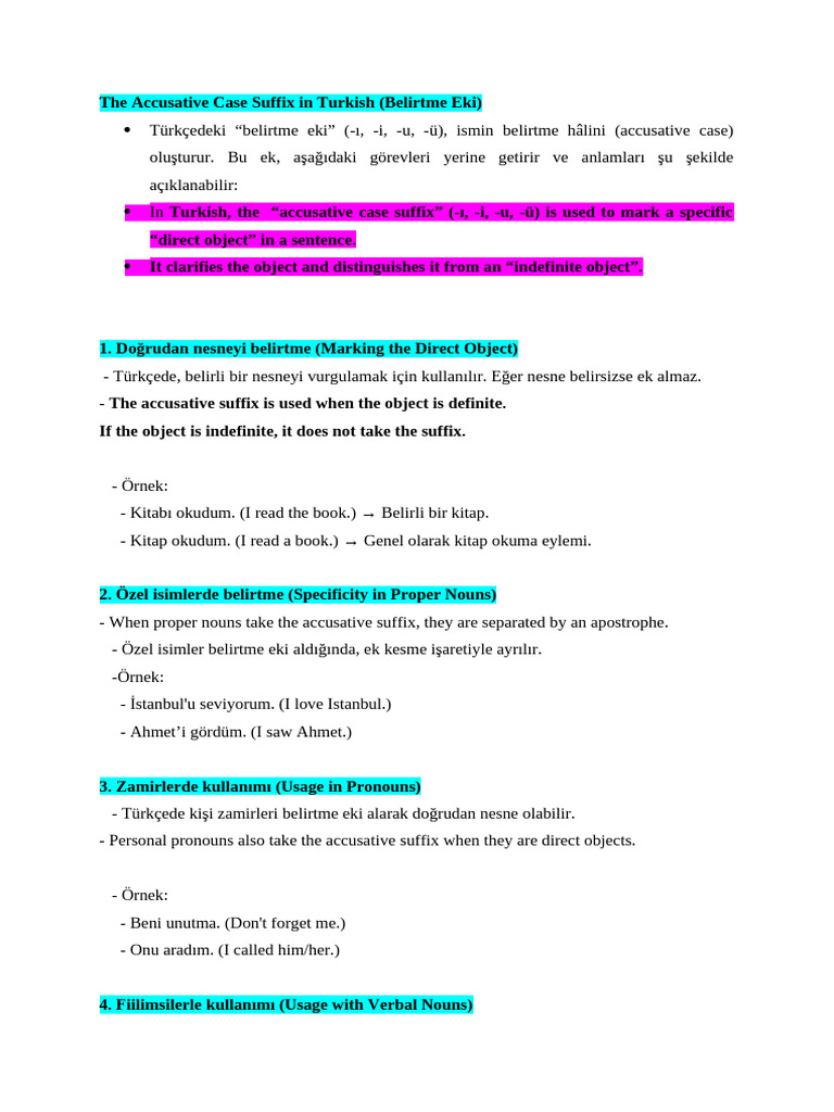 The Accusative Case Suffix in Turkish | PDF