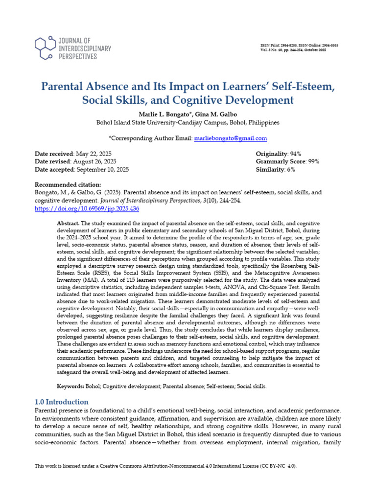Impact of Parental Absence on Learners | PDF | Statistics | Self Esteem