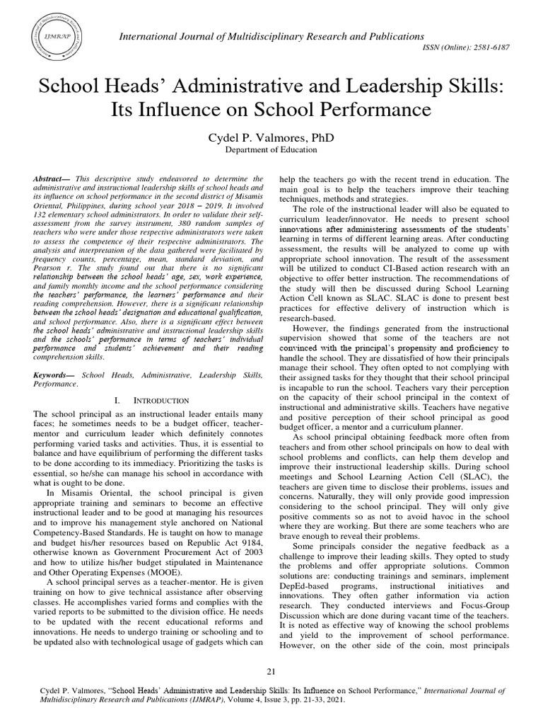 School Heads' Skills and School Performance | PDF | Teachers | Leadership