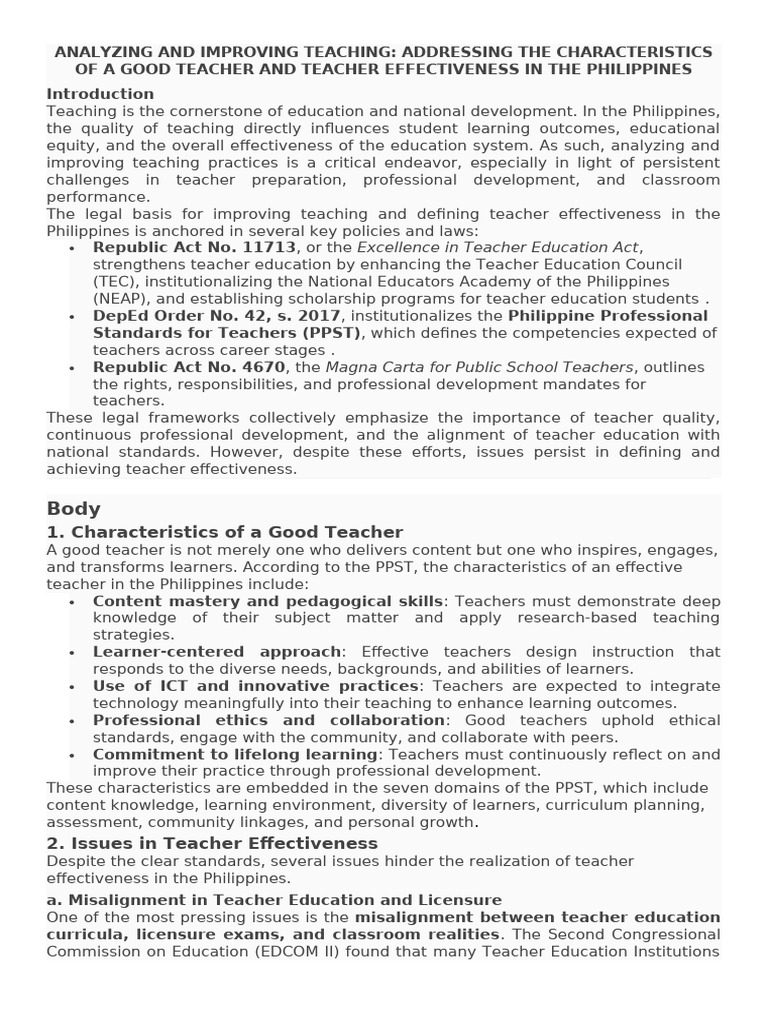 Enhancing Teacher Effectiveness in the Philippines | PDF | Teachers ...