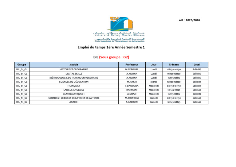 Emploi du temps G2 Semestre 1 2025/2026 | PDF
