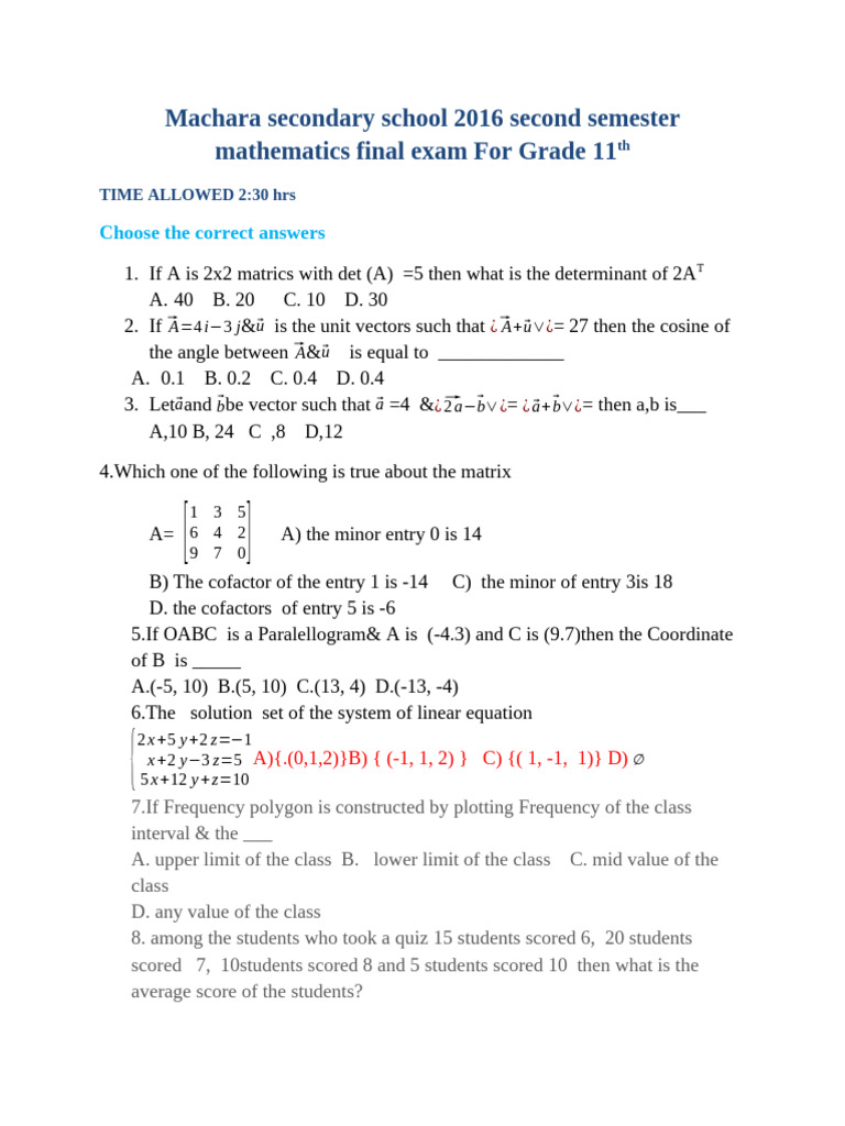 G11 Maths 2nd Final Exam 2016 | PDF | Determinant | Euclidean Vector