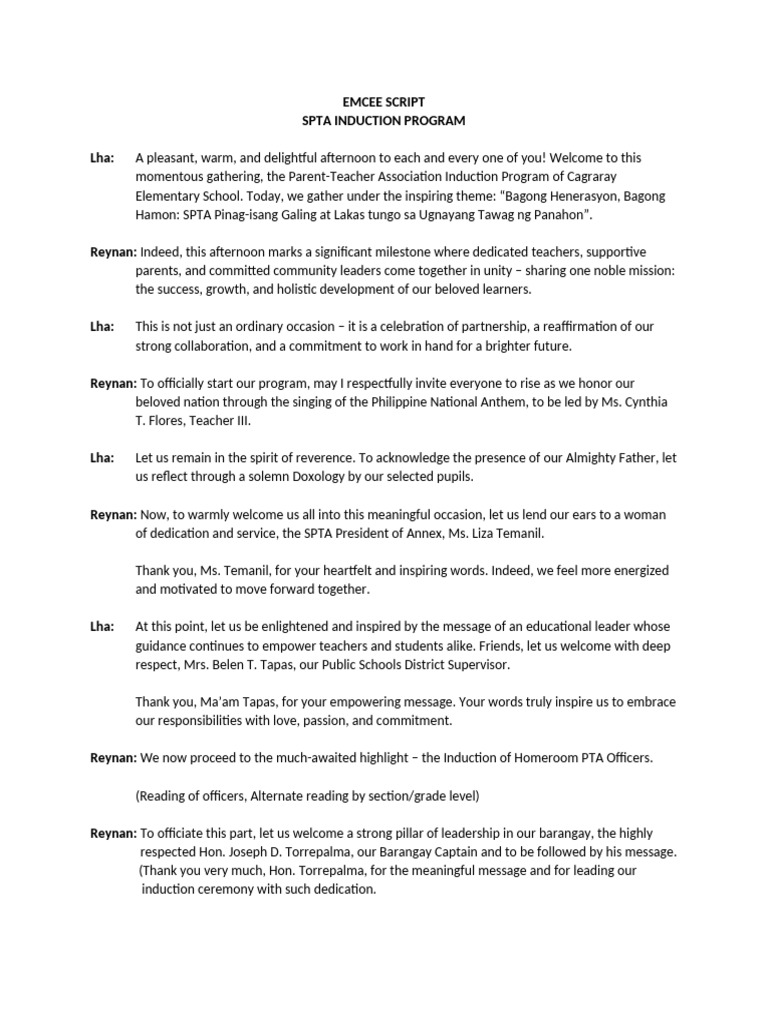 Emcee Script for PTA Induction Program | PDF