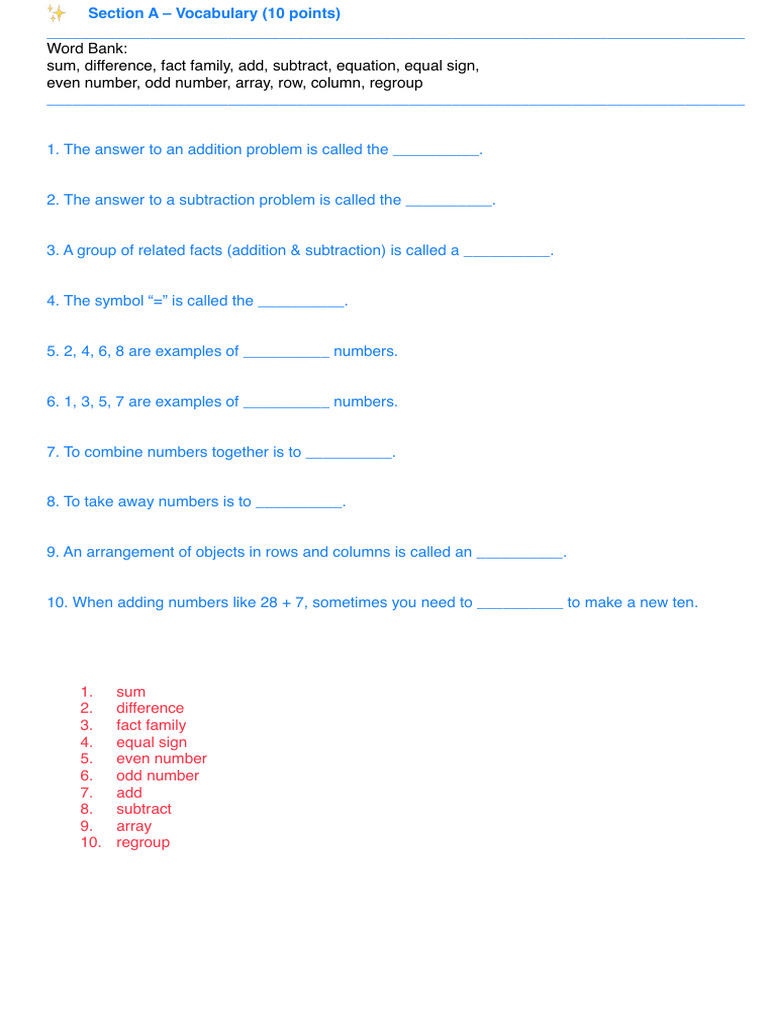 Vocabulary and Concepts in Addition & Subtraction | PDF | Numbers ...