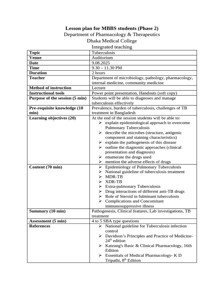 Lesson Plan For Integrated Teaching TB | PDF | Tuberculosis | Pharmacology