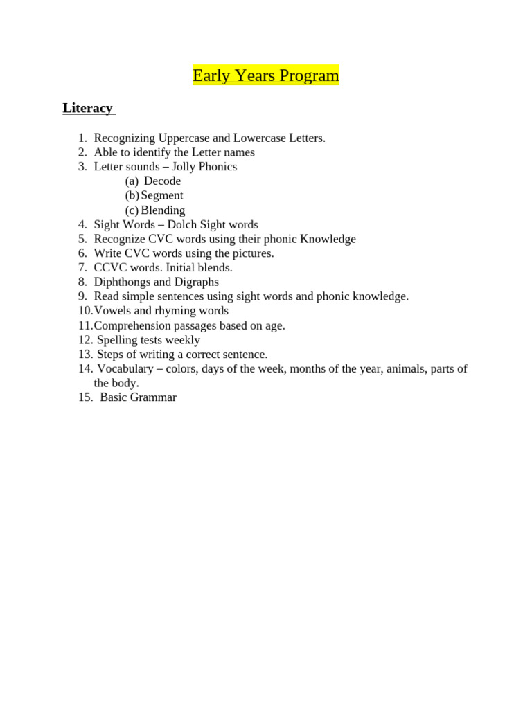 Early Years Literacy Skills Program | PDF