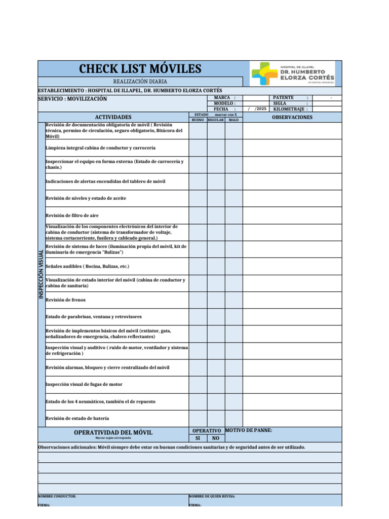 Checklist Diario de Móviles Hospitalarios | PDF | Estilos de carrocería ...