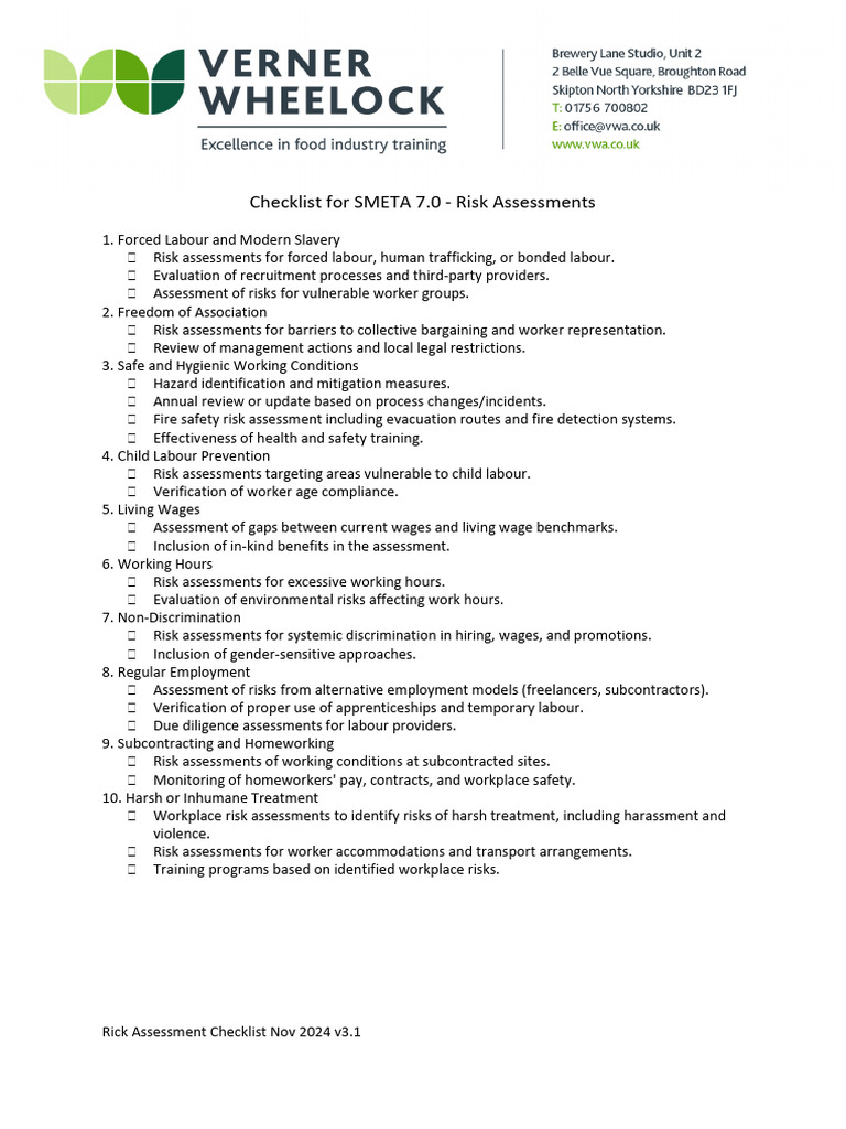 SMETA 7.0 Risk Assessment Checklist | PDF