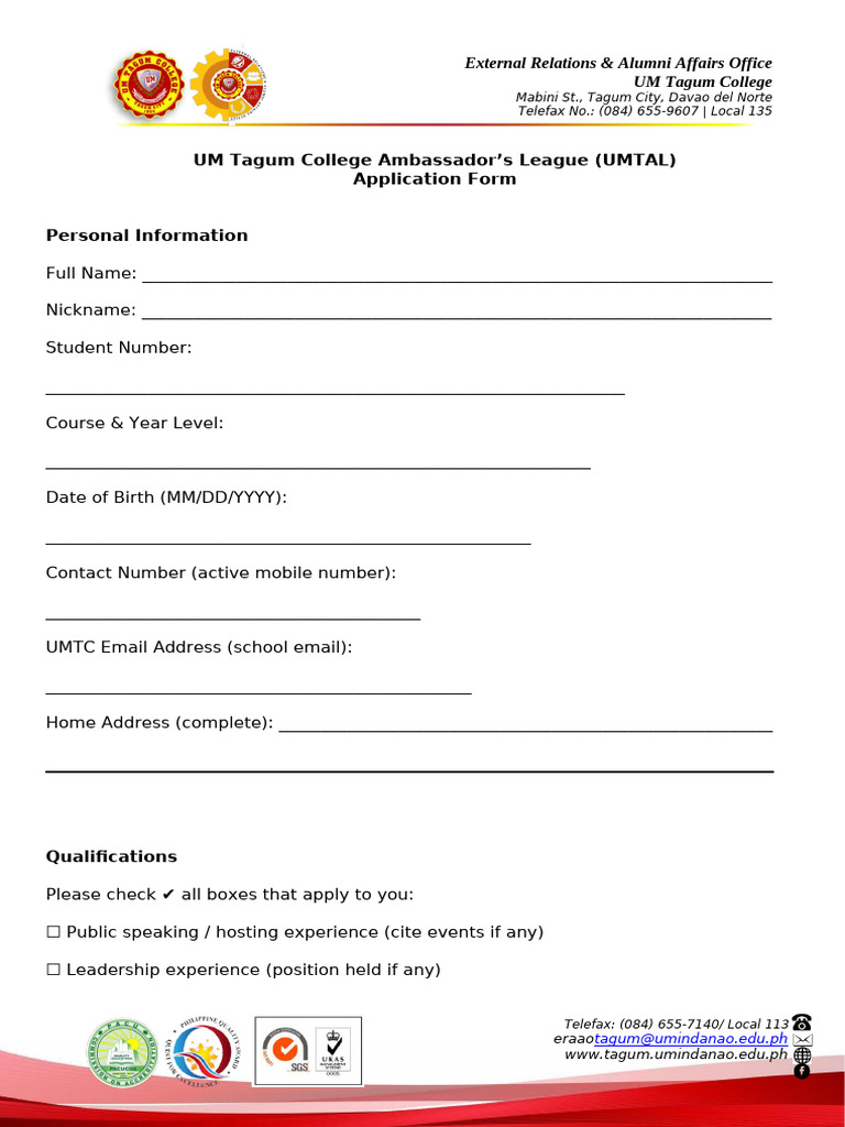 UM Tagum College Ambassador Application Form | PDF