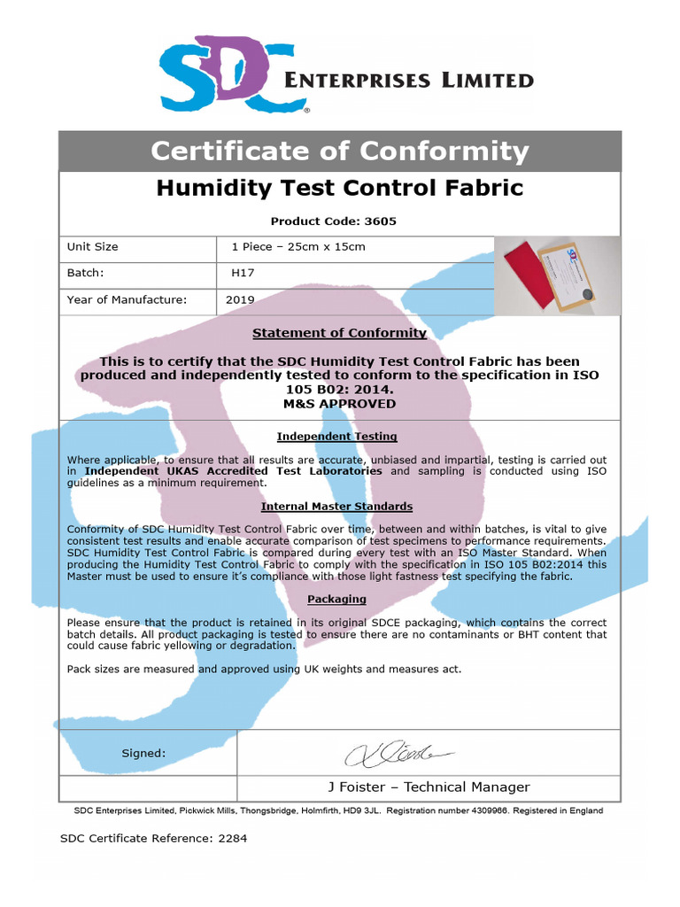 Certificate of Conformity: Humidity Test Control Fabric | PDF
