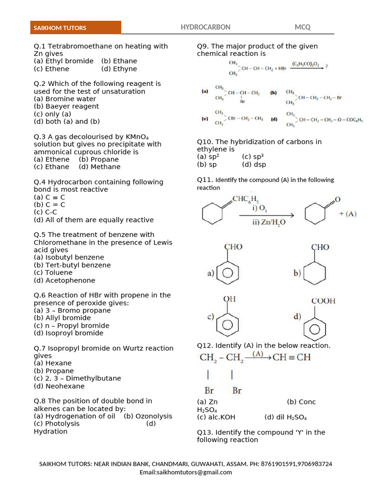 Hydrocarbon MCQ Practice Questions | PDF | Ethylene | Hydrocarbons