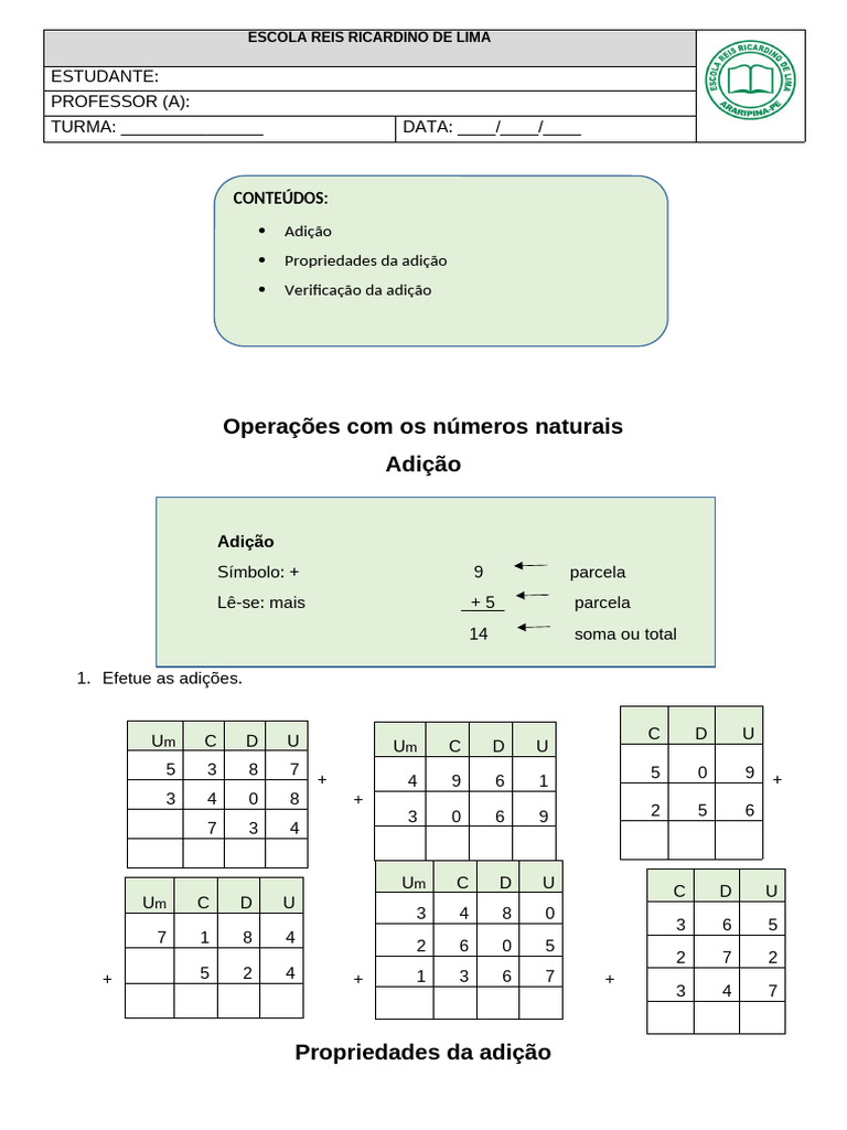 Adição e Propriedades dos Números Naturais | PDF | Aritmética ...
