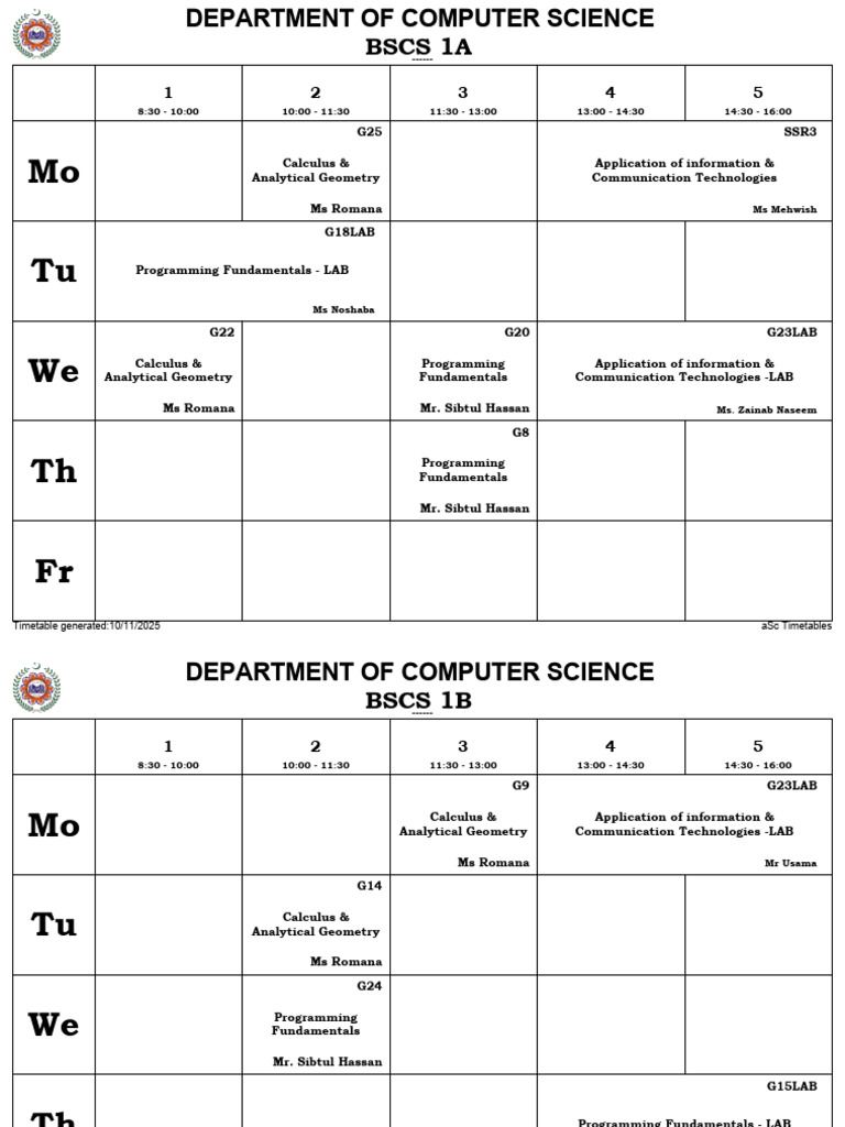 Computer Science Timetable 2025 | PDF | Mathematics | Computer Science