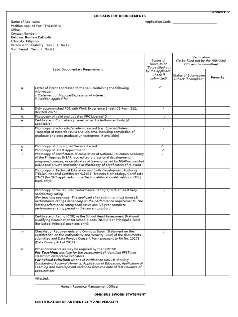 Teacher VI Application Checklist | PDF