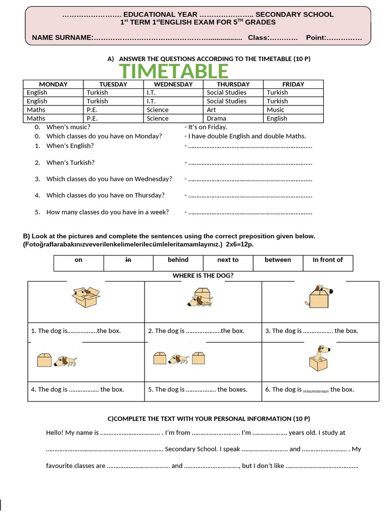 5th Grade English Timetable Questions | PDF