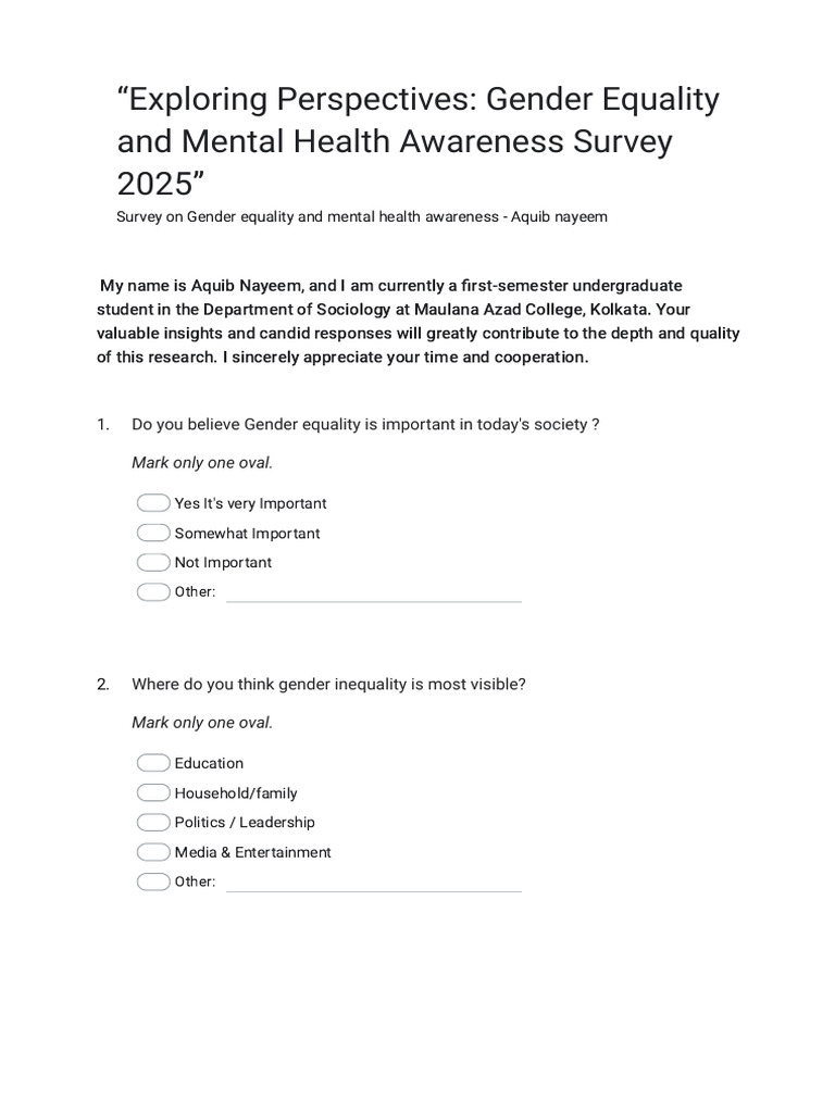Gender Equality & Mental Health Survey 2025 | PDF | Mental Health | Gender