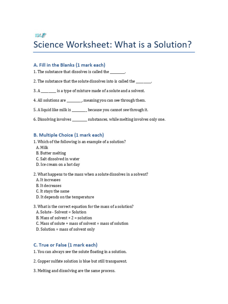 Y8 What Is A Solution Worksheet | PDF