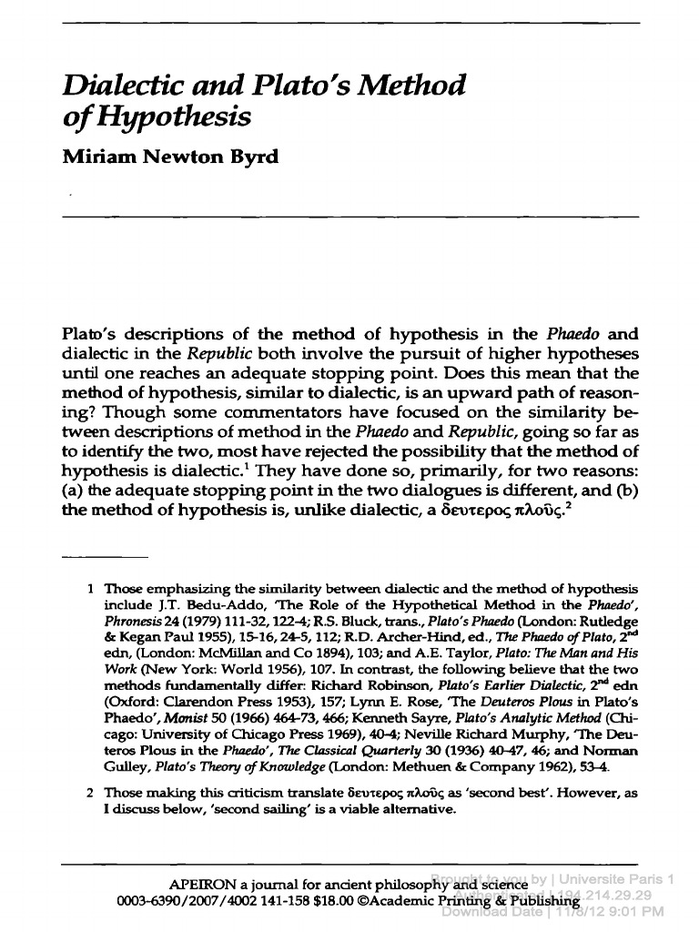 Plato's Hypothesis Method Explained | PDF | Plato | Socrates