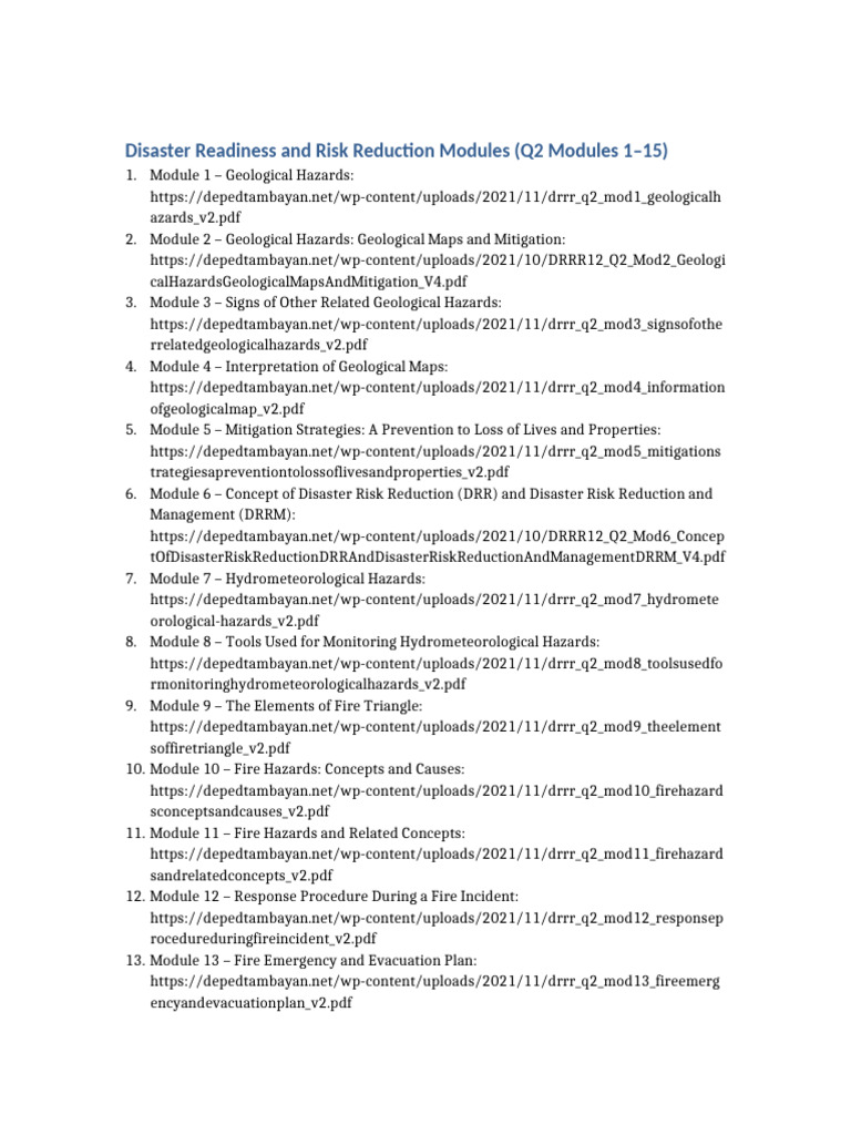 DRRR Q2 Modules 1 To 15 Links | PDF | Disaster Risk Reduction | Hazards
