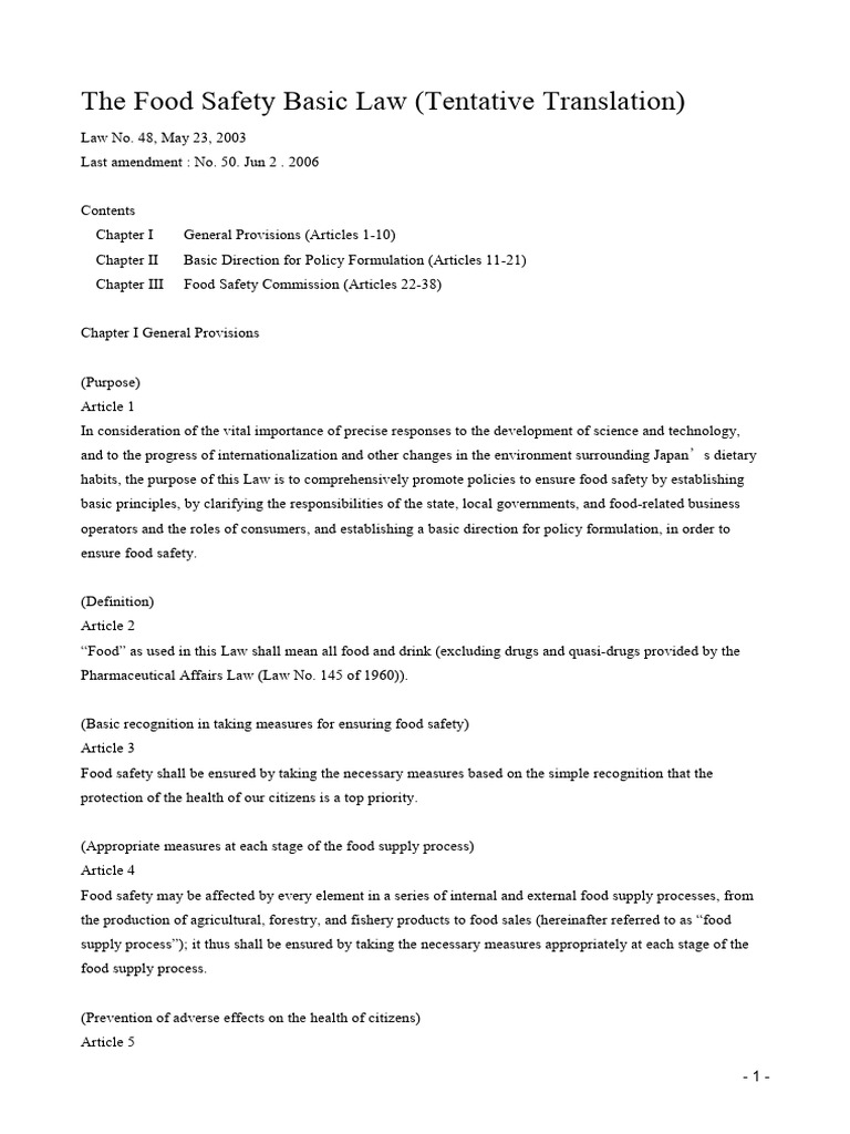 Japan Food Safety Basic - Law1807 | PDF | Food Safety | Safety