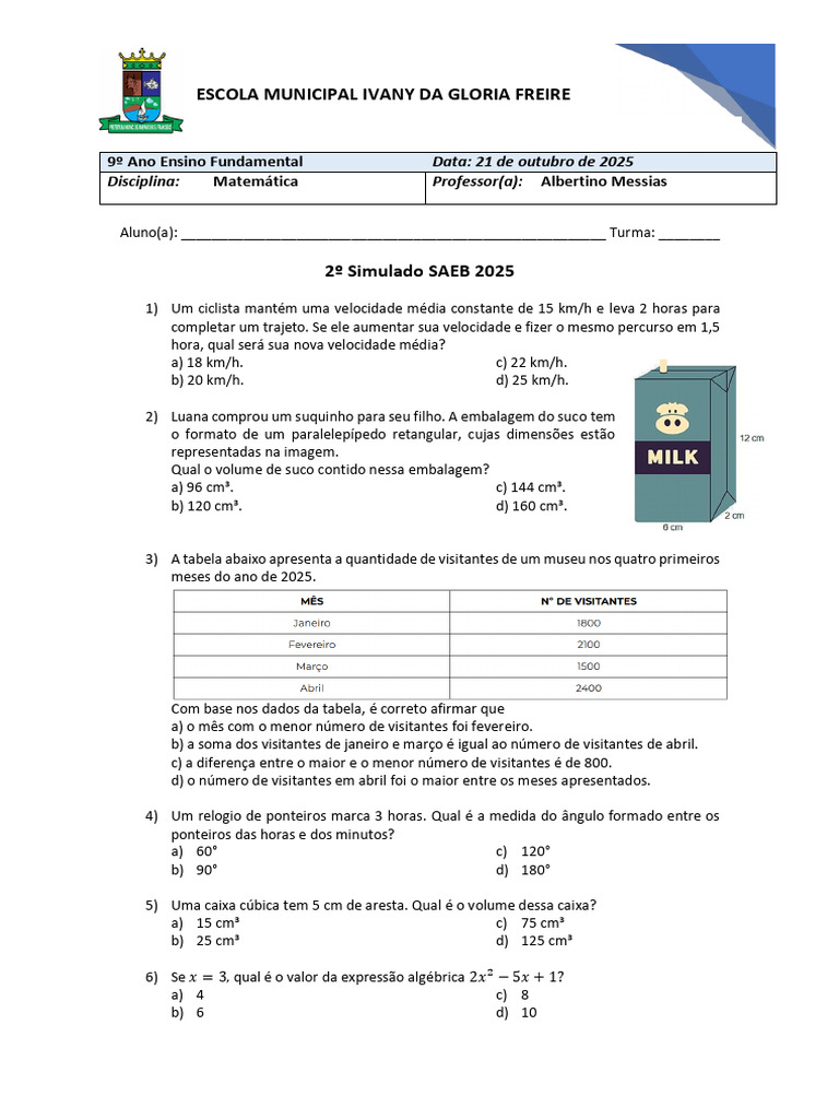 Simulado 02 Saeb - 9º Ano | PDF