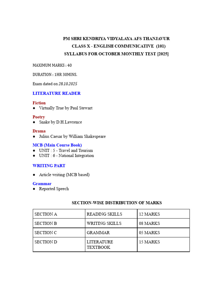Class - X English Communicative - October Monthly Test - Syllabus | PDF