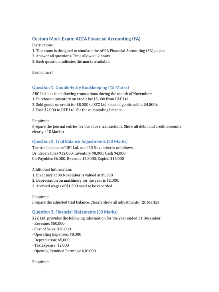 ACCA FA Custom Mock Exam Guide | PDF | Debits And Credits | Accounting