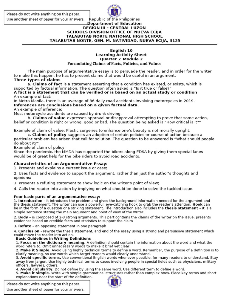 English 10 Q2 M2: Argumentative Essays | PDF | Essays | Argument