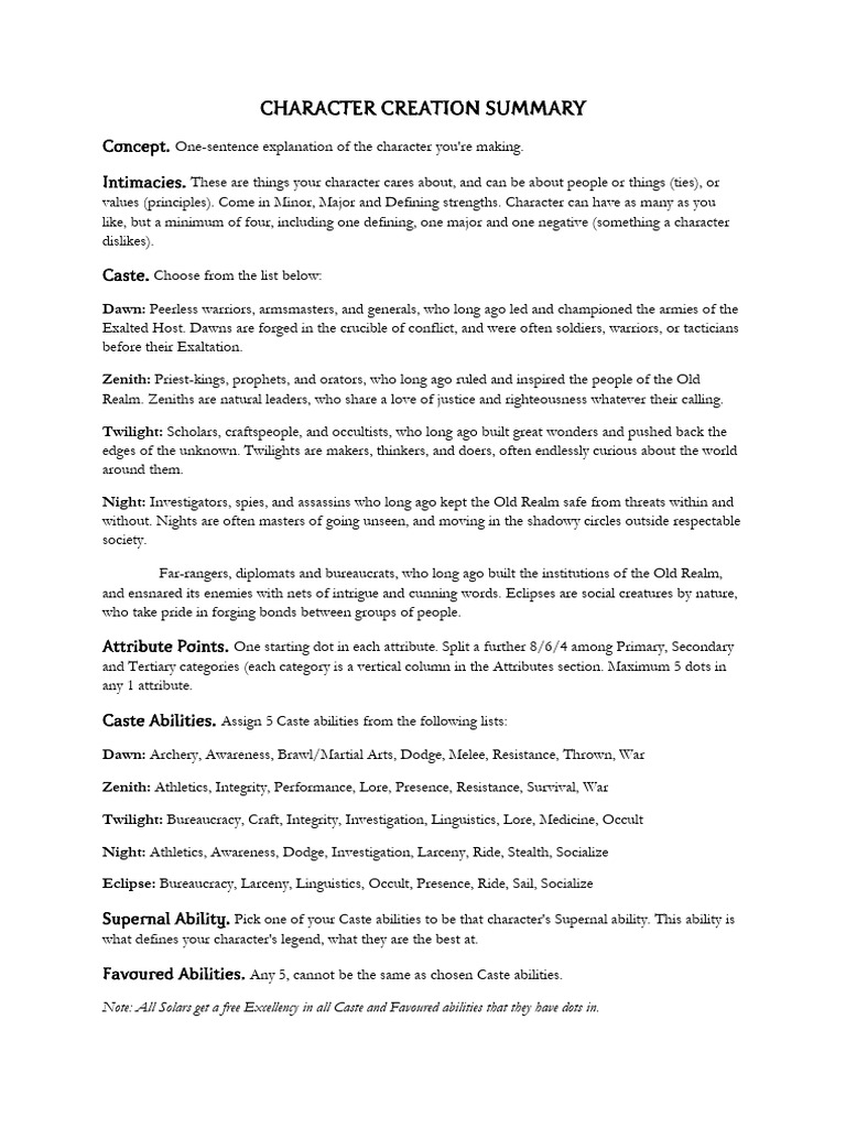 Character Creation Guide for Exalted | PDF
