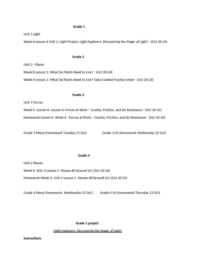 Week 6 Schedule Doc Grade 1-4 | PDF