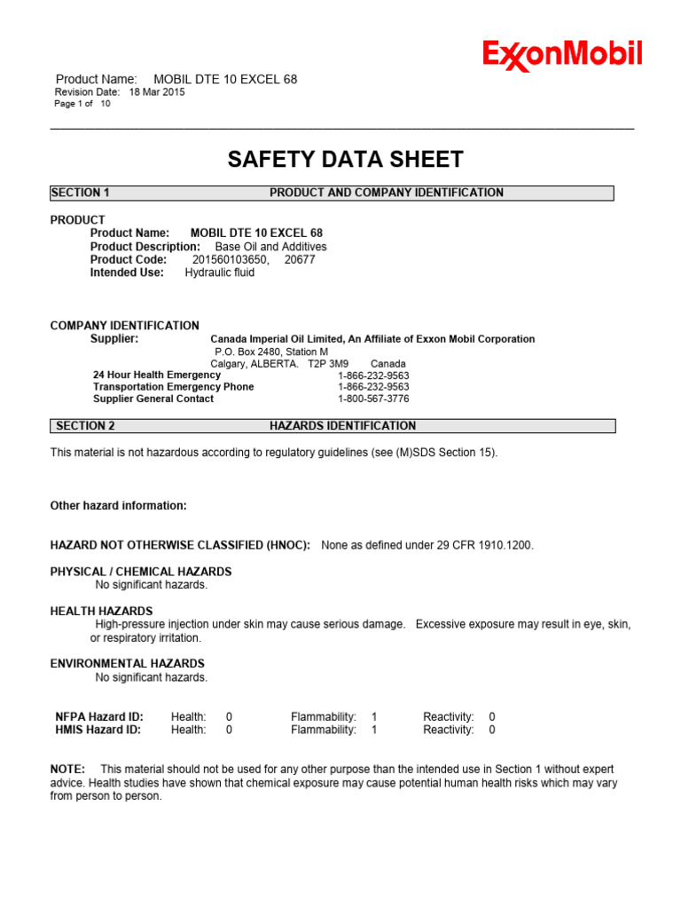 Mobil DTE 10 Excel 68 MSDS Summary | PDF | Hazards | Safety