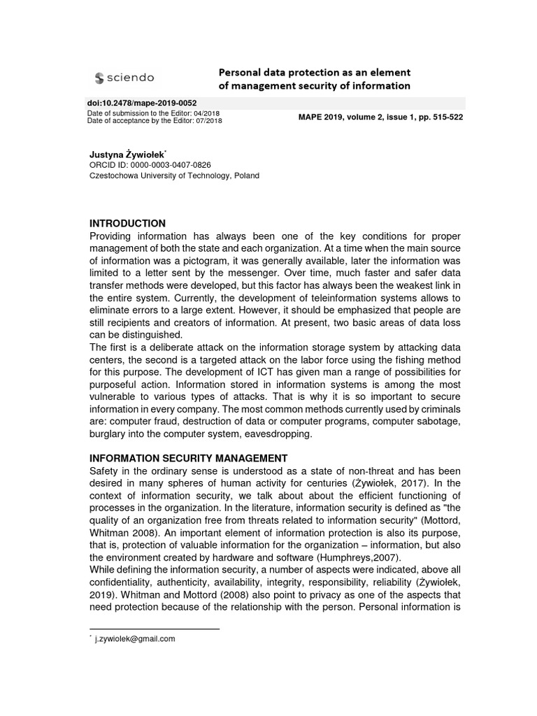 Zywiolek Justyna Personal 2 2019 Pdf Information Security Securities
