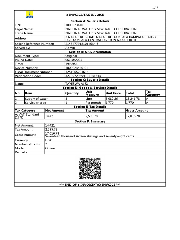 e-Invoice for Water Supply Services | PDF
