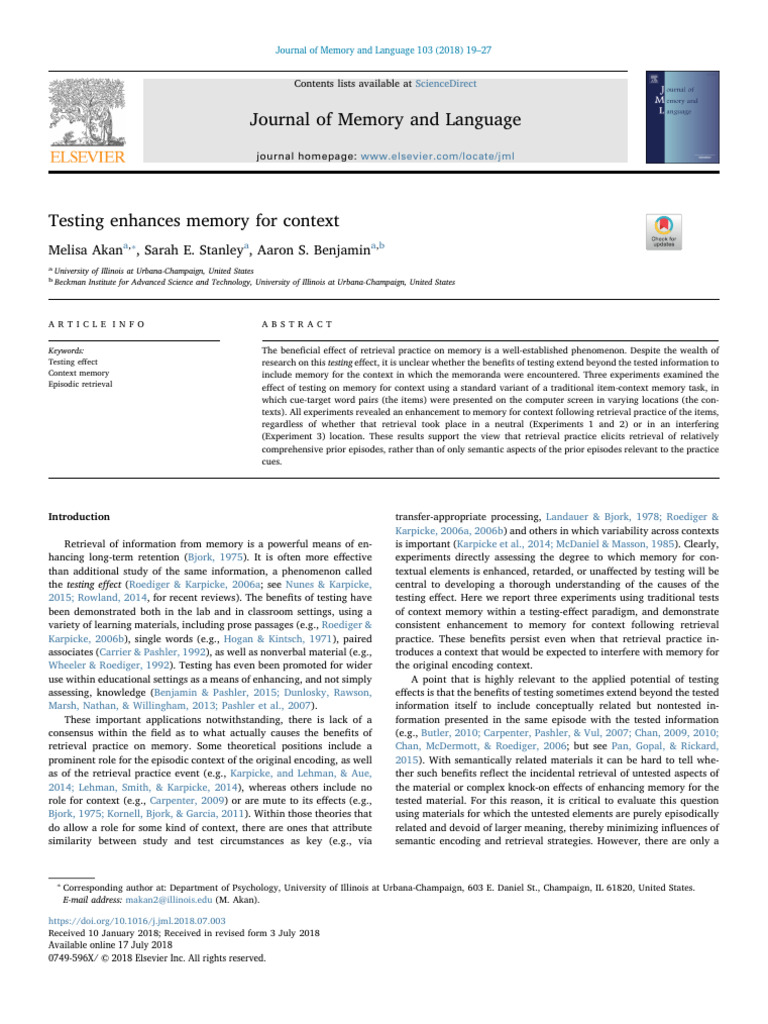 Testing Enhances Context Memory | PDF | Recall (Memory) | Memory