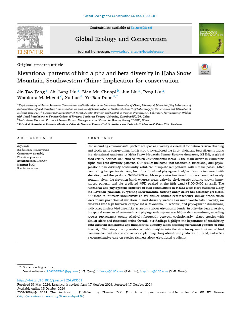 Bird Diversity Patterns in Haba Snow Mountain | PDF | Biodiversity ...
