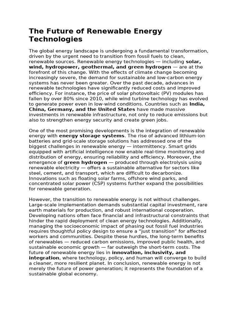 Future of Renewable Energy Technologies | PDF | Renewable Energy ...
