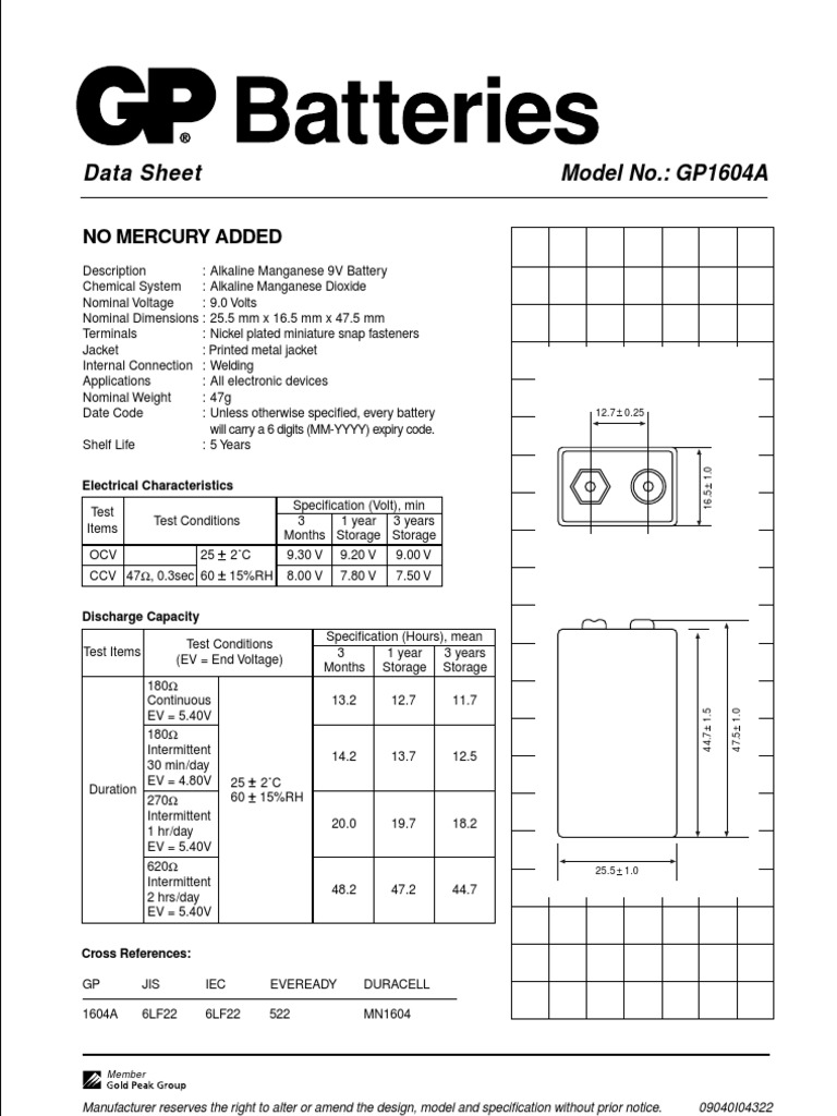 GP1604A Datasheet (Batería 9V)