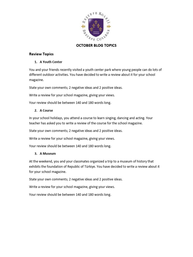 October Blog Topics For Grade 9 | PDF