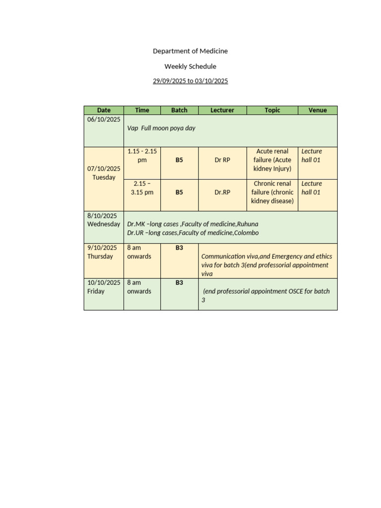 Medicine Department Weekly Schedule | PDF