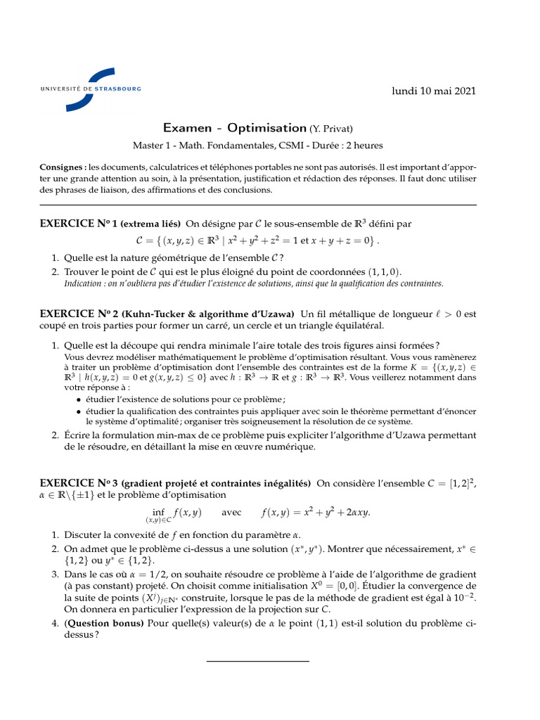 Examen d'Optimisation en Mathématiques | PDF | Optimisation ...