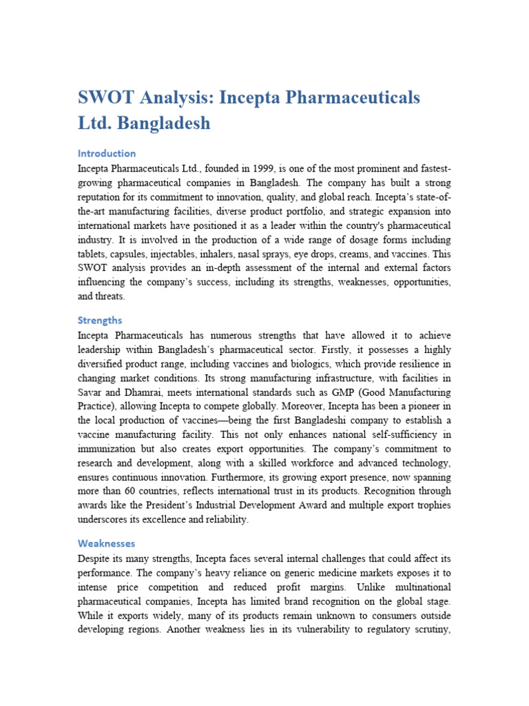 SWOT Analysis of Incepta Pharmaceuticals | PDF | Generic Drug | Vaccines