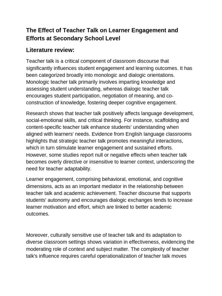 Teacher Talk's Impact on Student Engagement | PDF | Learning | Teachers