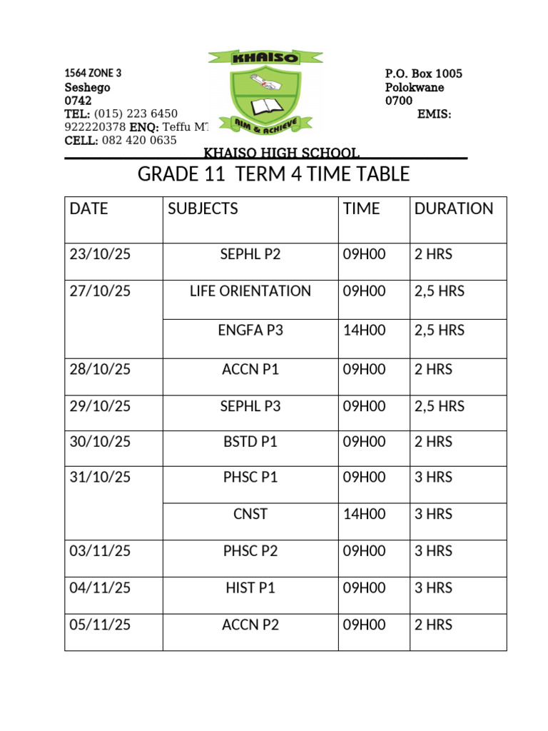 Grade 11 Term 4 Time Table 2025 | PDF