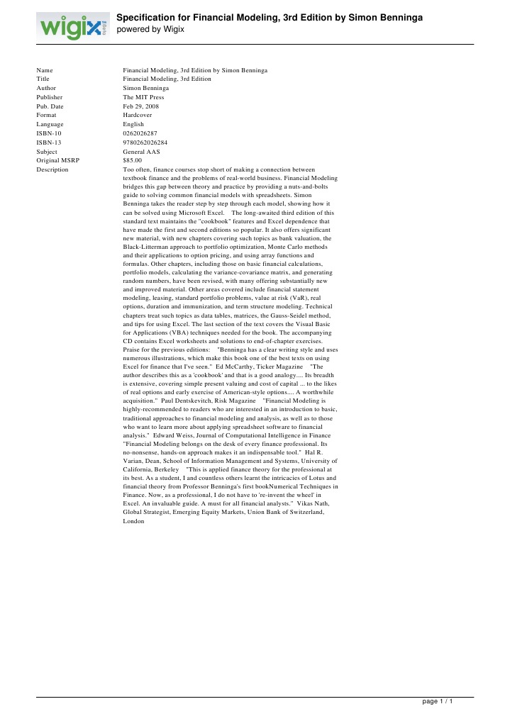 Financial Modeling 3rd Edition by Simon Benninga PDF