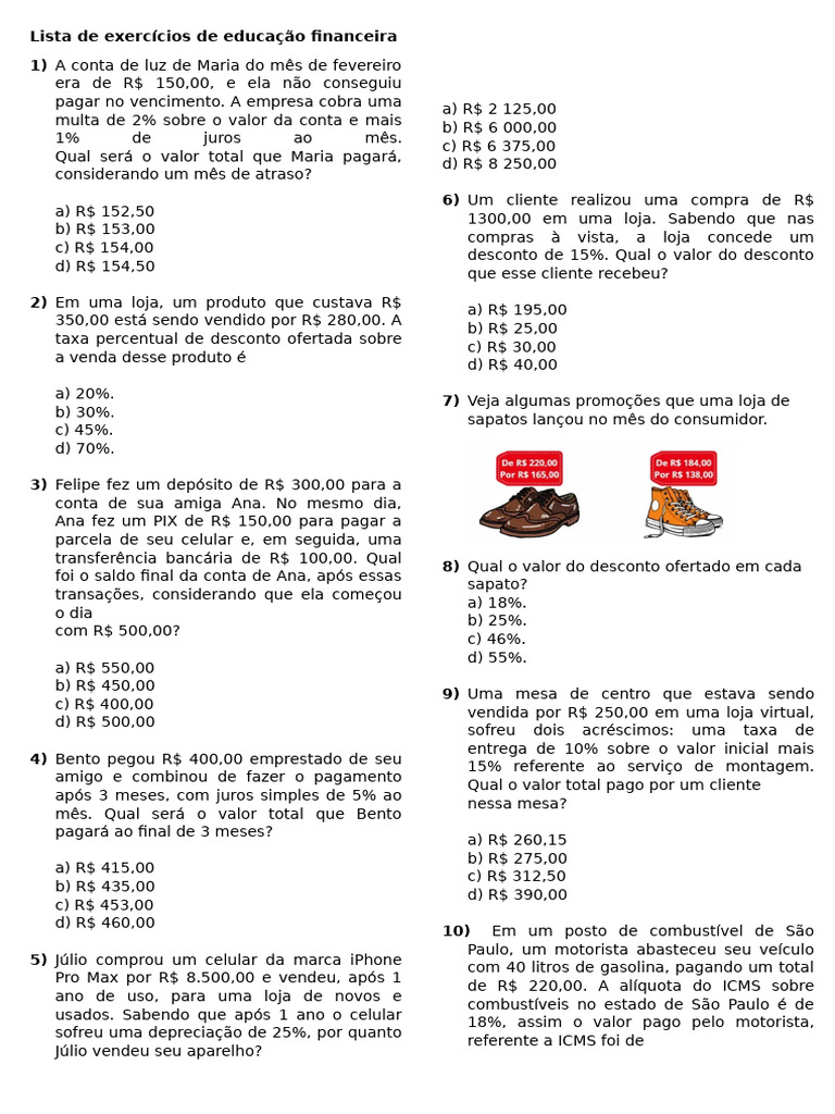 Lista de Exercícios de Educação Financeira | PDF | Juros